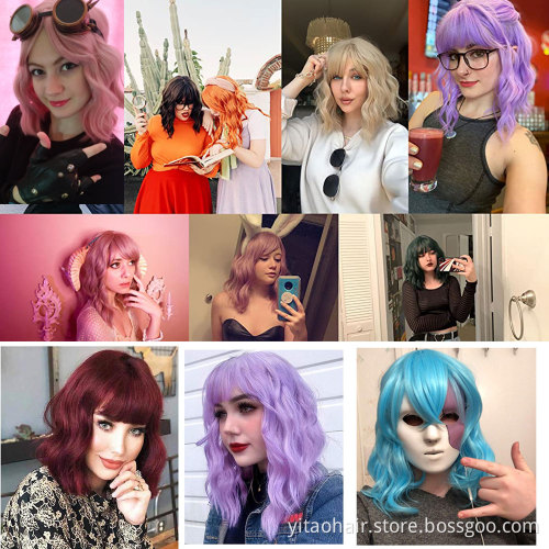 Hair Heat Resistant Fiber Short Wavy Wig with Bangs Synthetic Wigs for Women Blue Black Red Burgundy Natural Hair Bob Wig Daily